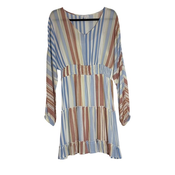 Hailey & Co Striped V Neck Smocked Waist Tiered Ruffle Dress Women's Sz M Boho - Picture 2 of 10